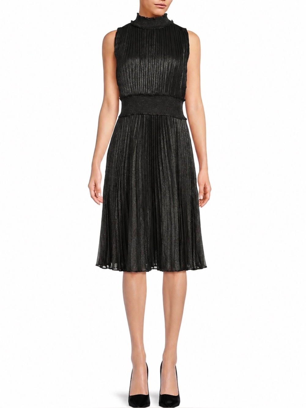 Nanette Lepore Black Metallic Pleated Midi Dress - Sleeveless Elegant Fit 6NWT